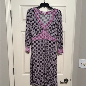 Madison Black and Purple Long Sleeve Sheath Dress with V-Neck and Cuffed Sleeves